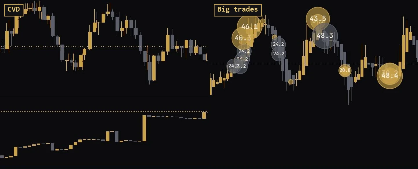CVD + big trades: Running buy-minus-sell volume shows who is in control; large prints pop out as bubbles sized by volume.